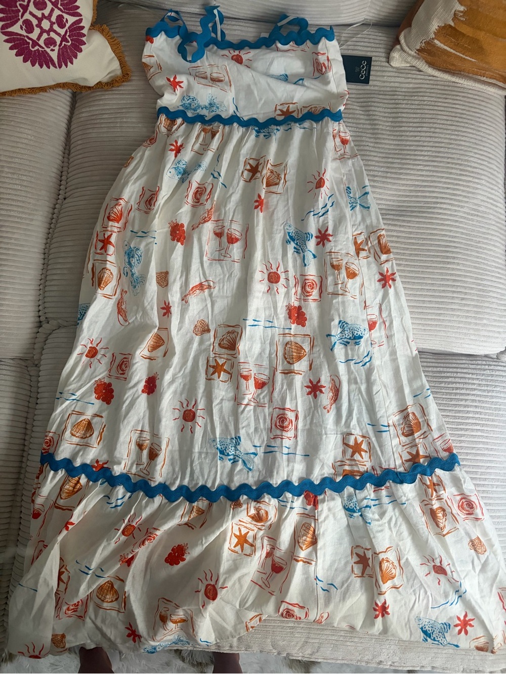 CeCe White Maxi Dress with Blue and Orange Shell Print